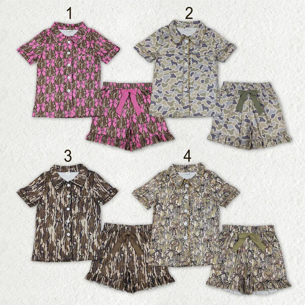 RTS NO MOQ Sibling Adult Women Camouflage Pajamas Sets Button Pocket Ruffle Shorts with Bows Hunting Sleepwear