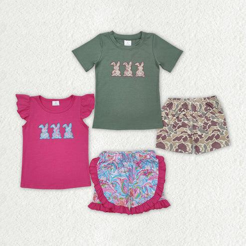 RTS NO MOQ Sibling Boys Baby Girls Shirt And Shorts Clothes Set Baby Rabbit Print Outfit for Boys And Girls