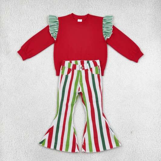 NEW RTS NO MOQ Denim GT1844+ P0484 Baby Girls Red Sweatshirt Green White Stripe Ruffle Shoulder Red Green White Vertical Stripe Frayed Flare Jean Pant Set