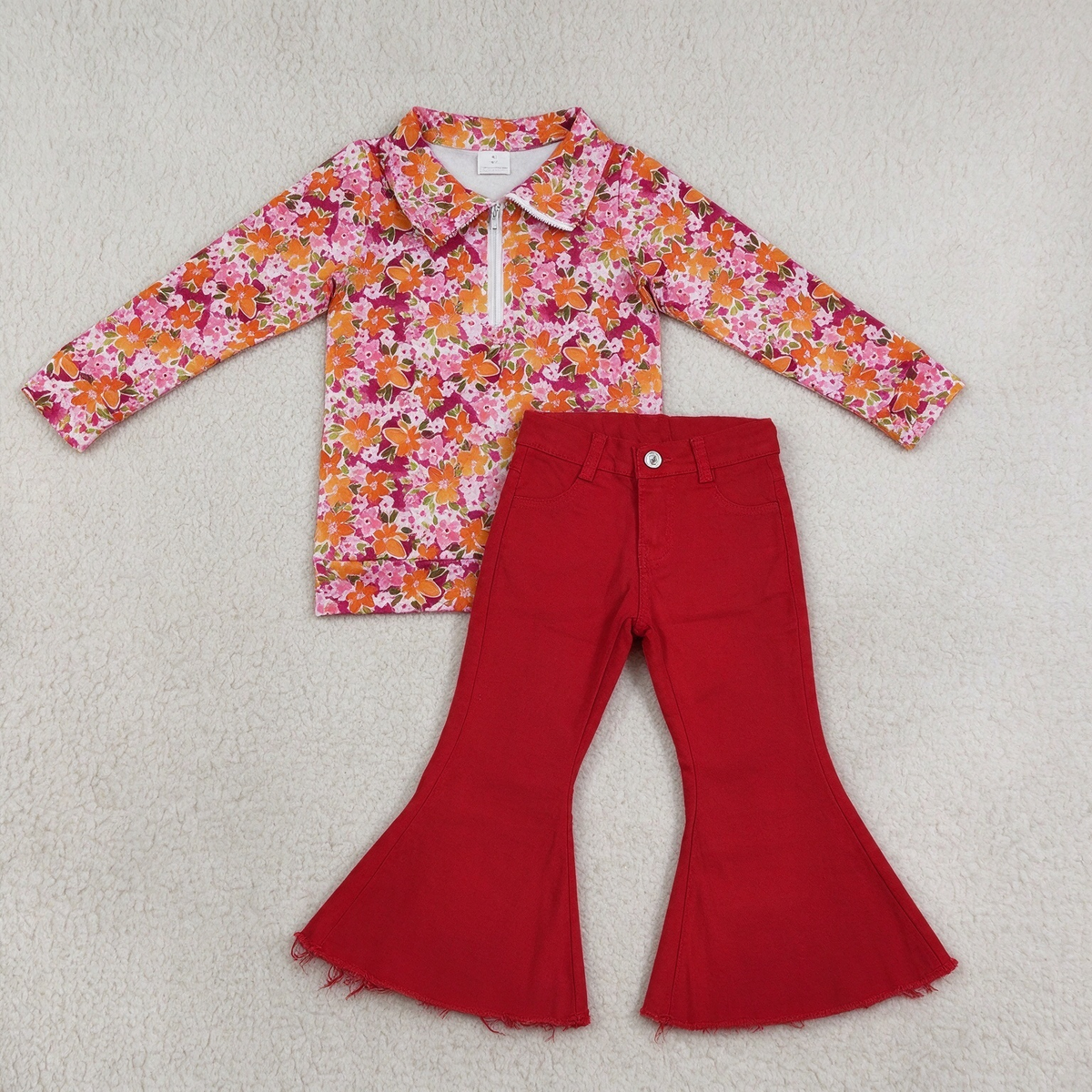 NEW RTS NO MOQ Denim GT1652+ P0083 Baby Girls Pink Floral Half Zip Collar Long Sleeve Top Solid Red Bell Bottom Denim Pant Set