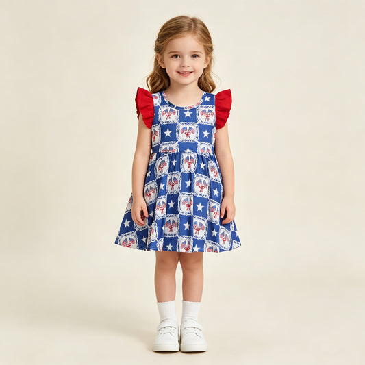RTS NO MOQ milk silk GSD3514 Baby Girls Cute Stars Flags Checked Flutter Sleeve 4th of July Dresses