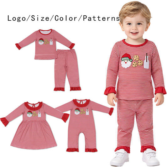 RTS NO MOQ Sibling baby girls clothes Christma Embroidery Santa long sleeve pants sets and rompers and dress