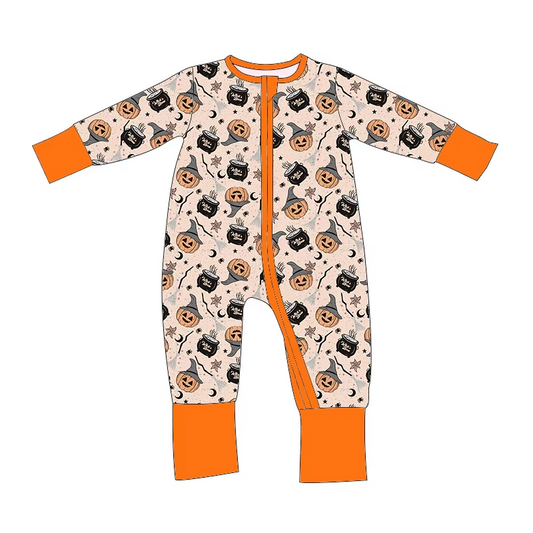 Custom moq 3 eta 7/8week moq 5 eta /4/5week Smiley Pumpkin Stove Pattern Orange Long Zip-Up Romper