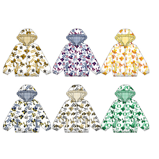 custom moq 5 mix size XFC070901 Baby Girls Bow Pocket Zip Team Print Long Sleeve Hoodie Casual Top