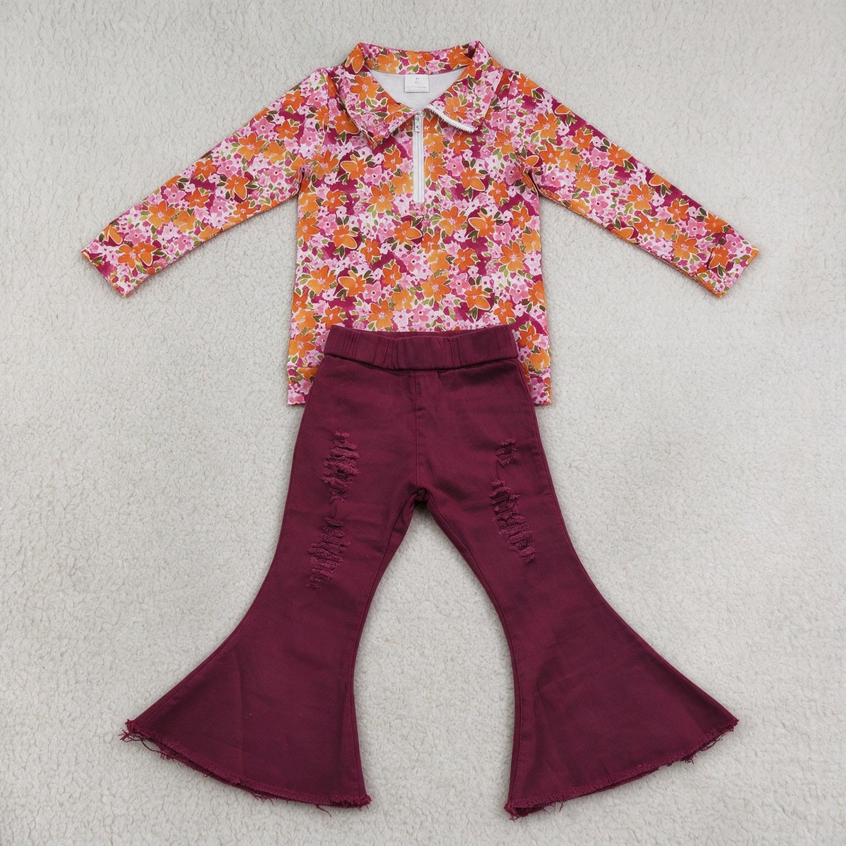 NEW RTS NO MOQ Denim GT1652+ P0047 Baby Girls Pink Floral Half Zip Collar Long Sleeve Top Maroon Distressed Bell Bottom Denim Pant Set