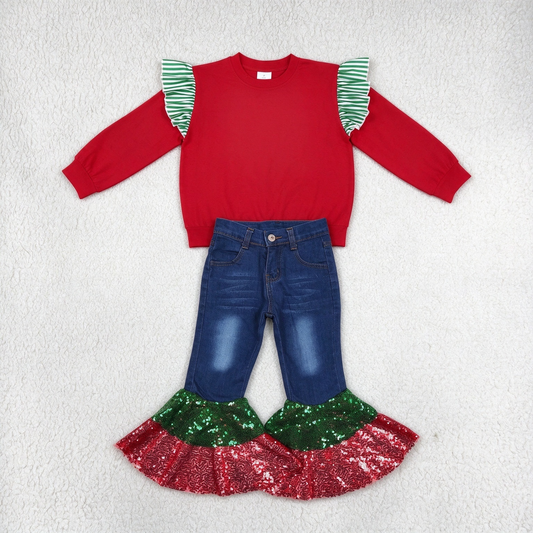 NEW RTS NO MOQ Denim GT1844+ P0113 Baby Girls Red Sweatshirt Green White Stripe Ruffle Shoulder Dark Denim Red Green Sequin Double Ruffle Flare Jean Pant Set