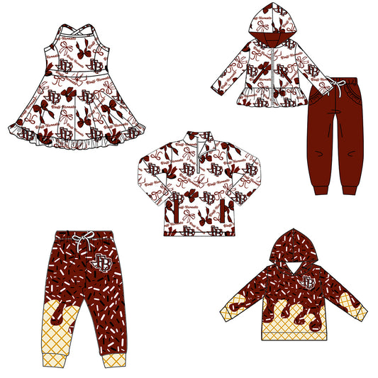 Custom moq 5 mix size milk silk summer teams baby girls clothes bow brick red hooded long sleeve pants sets and dress and top and hooded top and pant-25.8.13