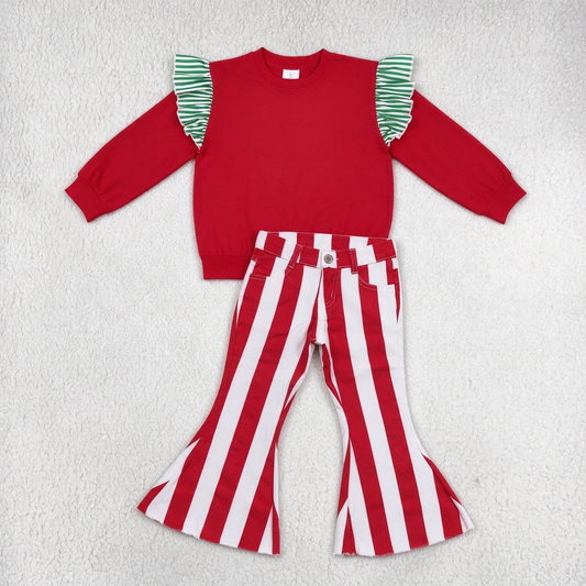 NEW RTS NO MOQ Denim GT1844+ P0246 Baby Girls Red Sweatshirt Green White Stripe Ruffle Shoulder Red White Vertical Stripe Frayed Flare Jean Denim Pant Set