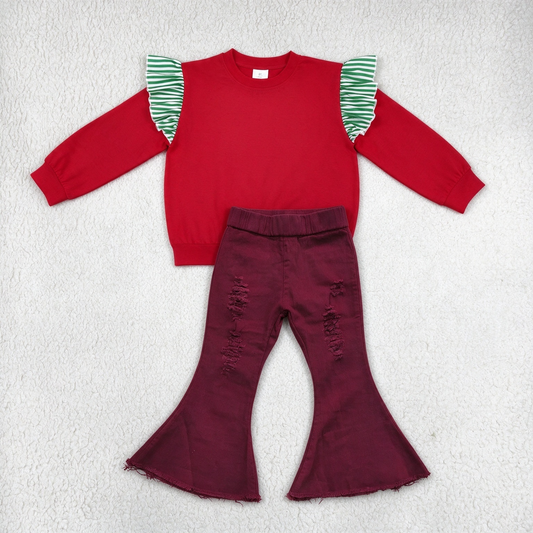 NEW RTS NO MOQ Denim GT1844+ P0047 Baby Girls Red Long Sleeve Top Green White Stripe Ruffle Shoulder Maroon Distressed Flare Denim Pant Set