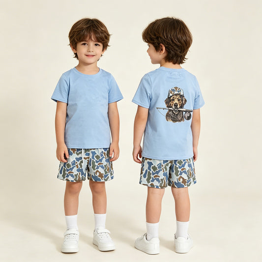 RTS NO MOQ milk silk BT1761+SS0873 Baby Boys Blue Dogs Fishing Camo Top Pocket Short Hunting Outfit