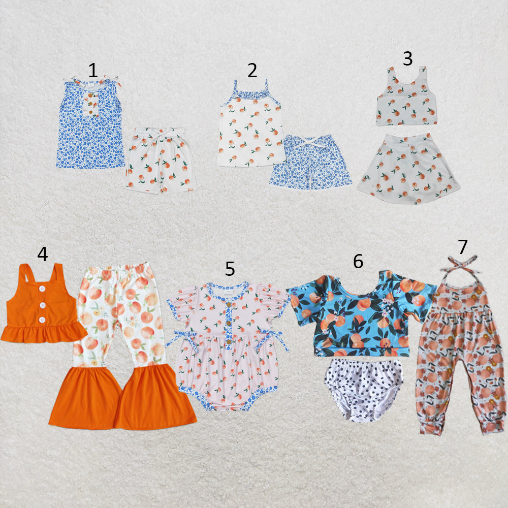 RTS NO MOQ Sibling milk silk Baby Girls Cute Peach Fruit Print Spaghetti Straps Top And Elastic Waist Shorts Set Rompers