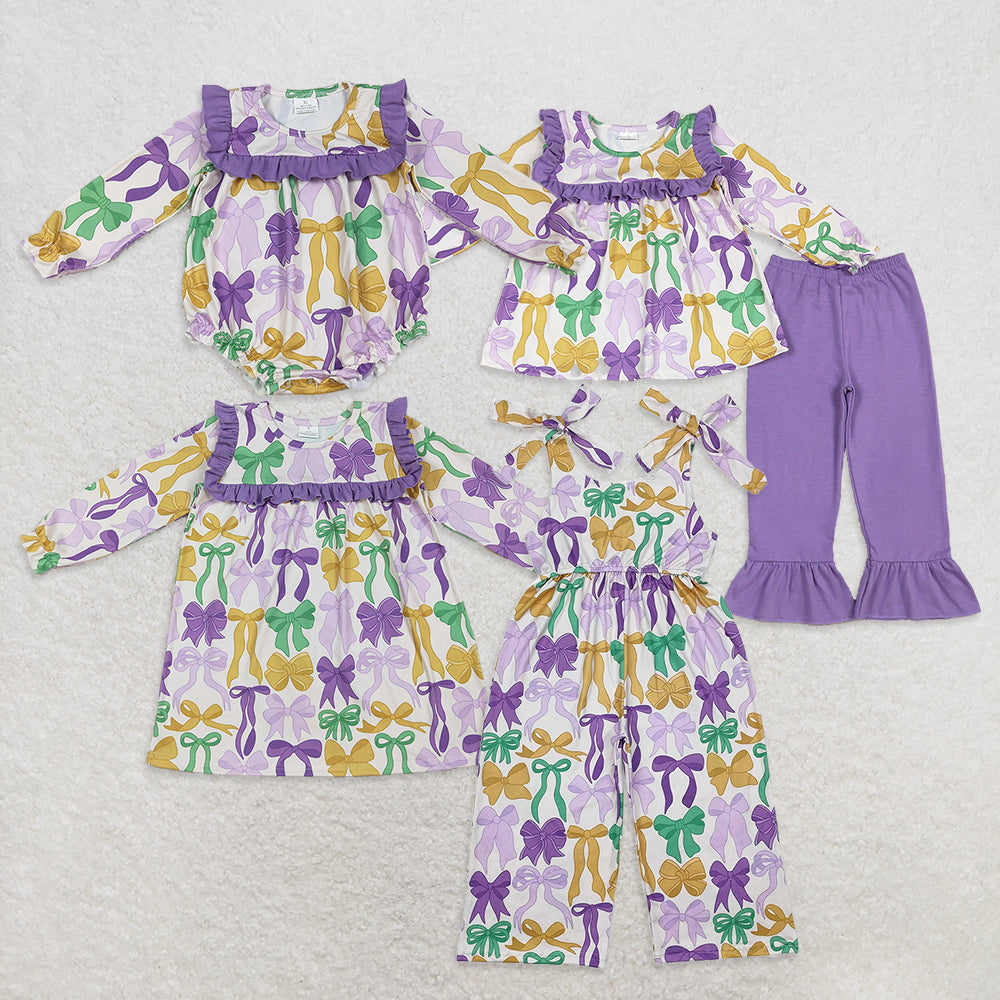 3/6m-7/8t RTS NO MOQ Sibling Baby girl clothes mardi gras bow long-sleeved trousers suit & rompers and top
