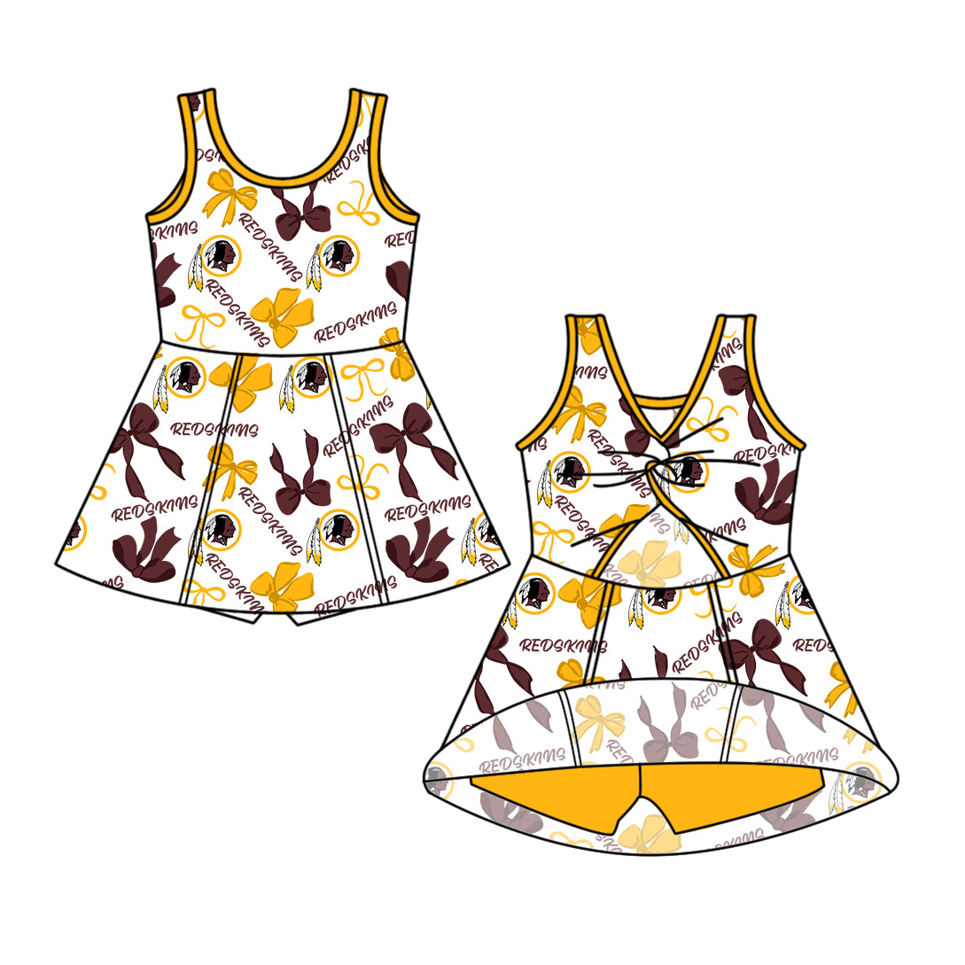 Custom moq 5 mix sizes summer teams baby girls clothes team yellow short sleeve skirts shorts sets 1 and skirts sets 2 and dress 1 and dress 2 and dress 3 and dress 4-25.6.9