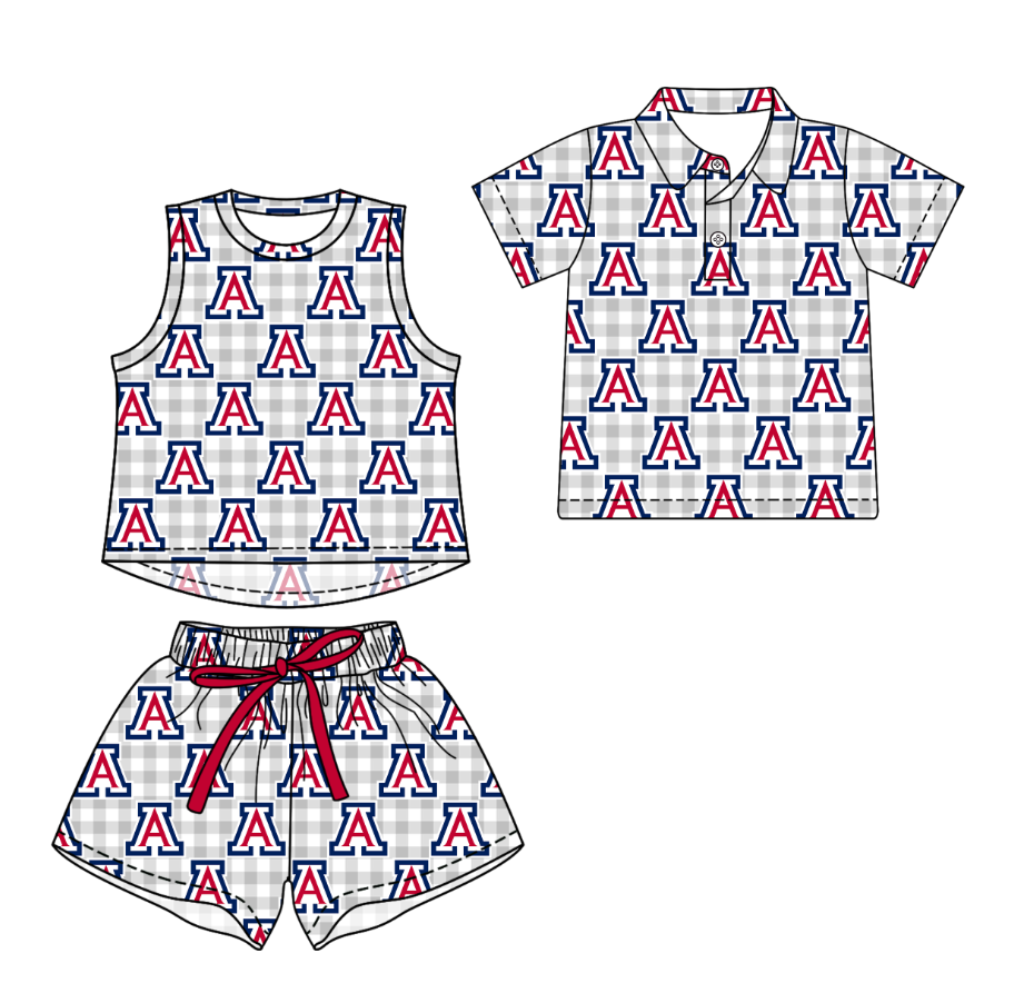 Custom moq 5 mix size milk silk summer teams Girls Grey Checked Sleeveless Top And Short Sets Boys Short Sleeve Button Polo Shirt Top