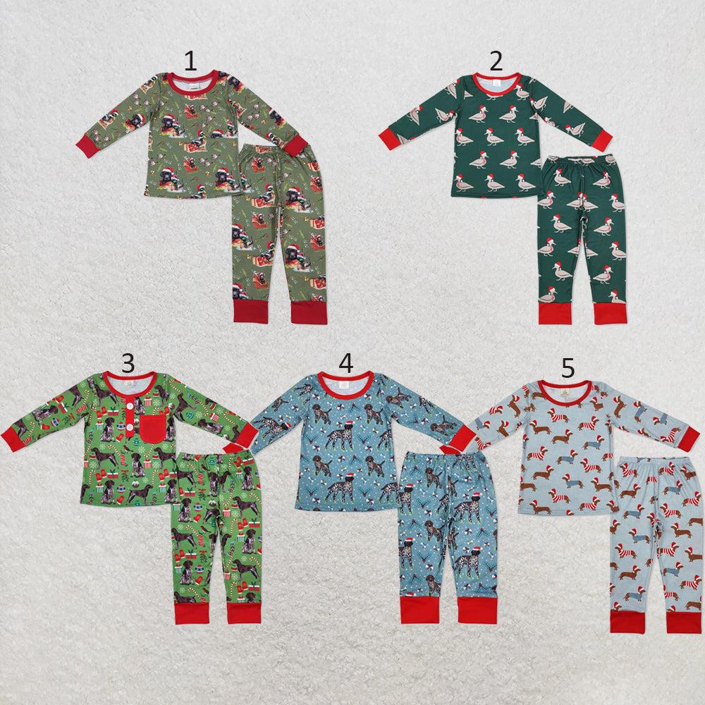 RTS NO MOQ Sibling milk silk Baby Boys Bamboo Christmas Dog Print Top Pants Pajamas Sets