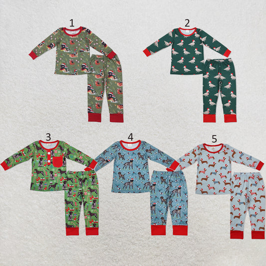RTS NO MOQ Sibling milk silk Baby Boys Bamboo Christmas Dog Print Top Pants Pajamas Sets