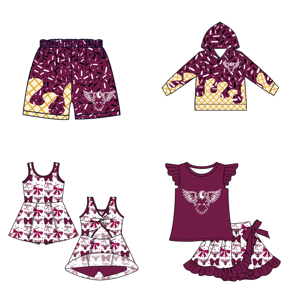 Custom moq 5 mix size milk silk baby girls clothes team brick red hooded long sleeve tops and and skirts sets and dress and shorts-25.7.17