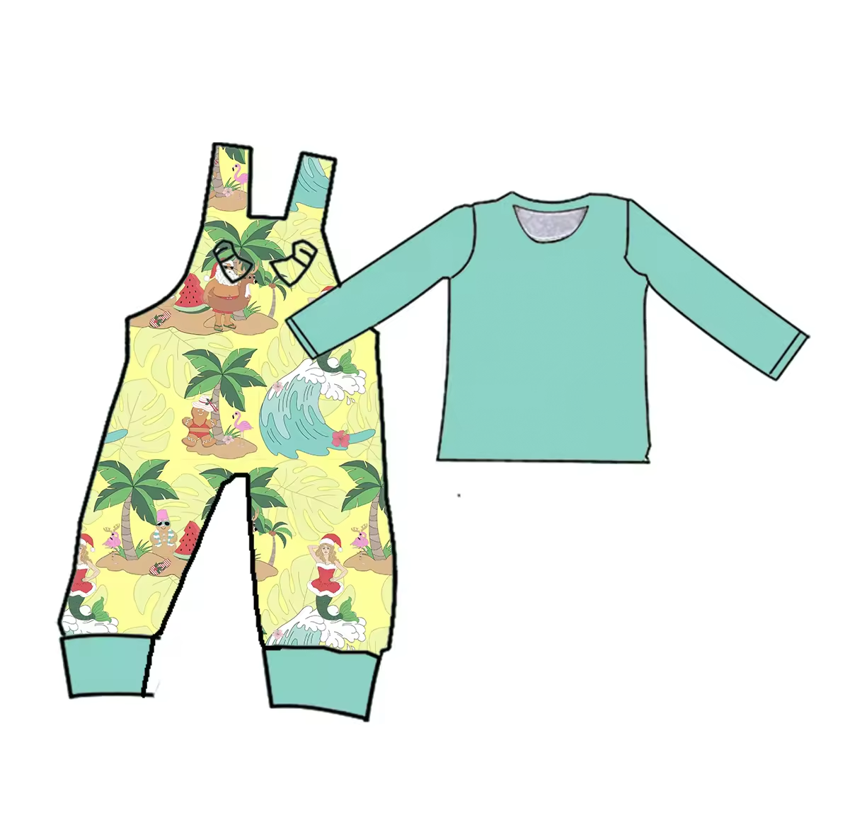 Custom moq 3 eta 6-8weeks Lake Green Long Sleeve Top-Sea Wave-Coconut Tree Bib Pants Set