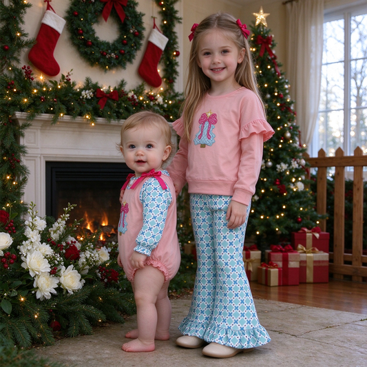 RTS NO MOQ Sibling milk silk Baby Girls Christmas Tree Print Long Sleeve Dress Rompers Casual Holiday Outfit