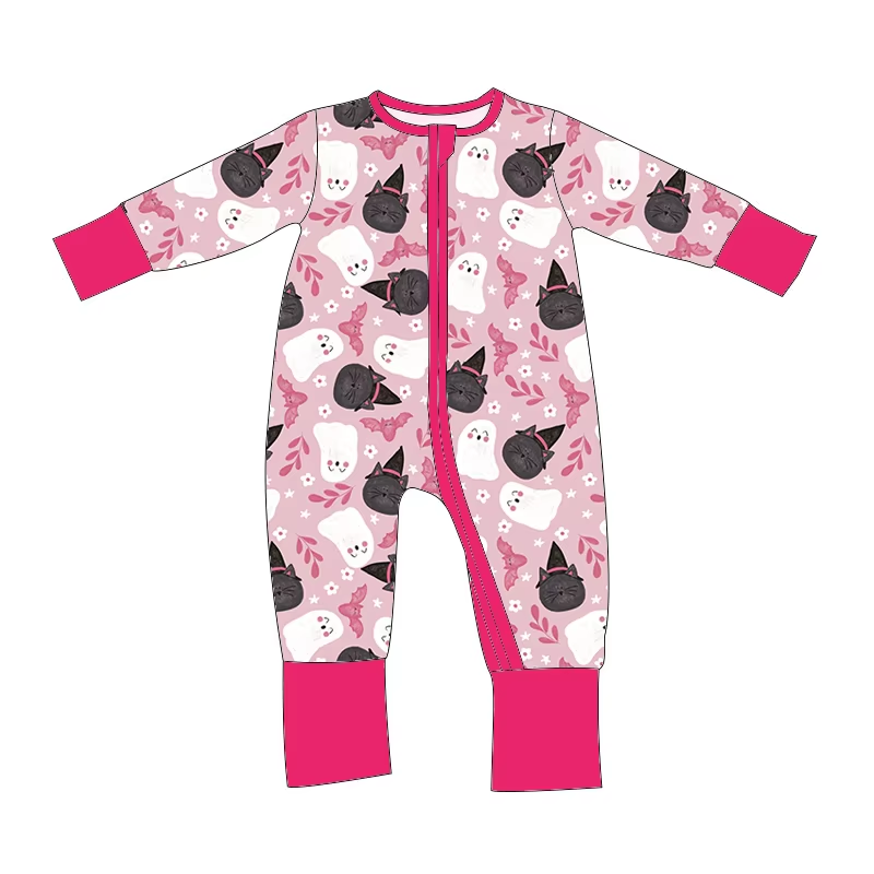 Custom moq 3 eta 6-8 weeks Black Cat-White Ghost-Pink Bat Pattern Pink Long Sleeve Zippered Climbing Suit