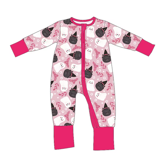 Custom moq 3 eta 6-8 weeks Black Cat-White Ghost-Pink Bat Pattern Pink Long Sleeve Zippered Climbing Suit