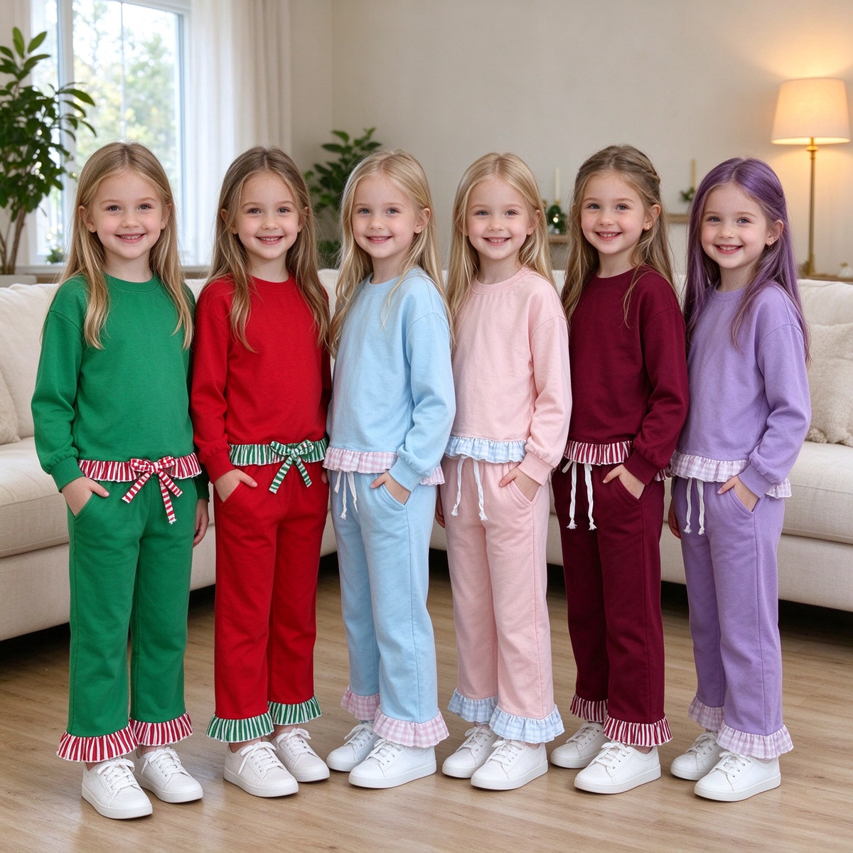 RTS NO MOQ Sibling cotton Baby Girls Solid Long Sleeve Ruffle Hem Drawstring Casual Outfit