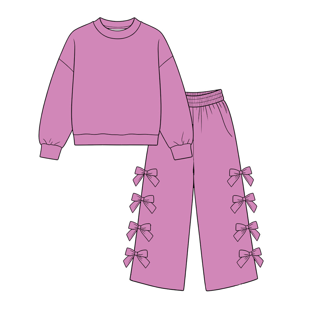 custom moq 5 mix size Baby Girls Purple Solid Long Sleeve Sweatshirt And Bow Wide Leg Pant Set