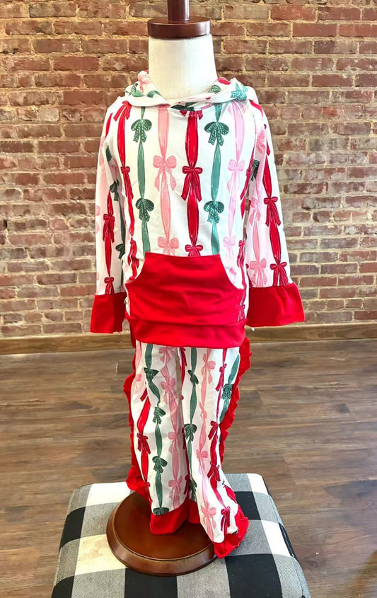 NEW RTS NO MOQ milk silk GLP3497 Baby Girls Green Red Bows Stripe Pocket Hoodie Ruffle Pant Christmas Sets Holiday Outfit