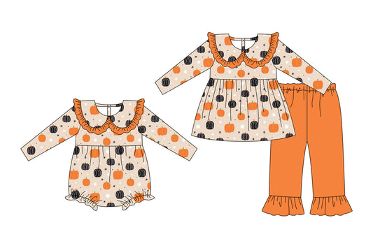 25.7.25 custom each style moq 5eta 4-6week Sibling Sister pumpkin baby girl long sleeve pants sets and rompers match family design