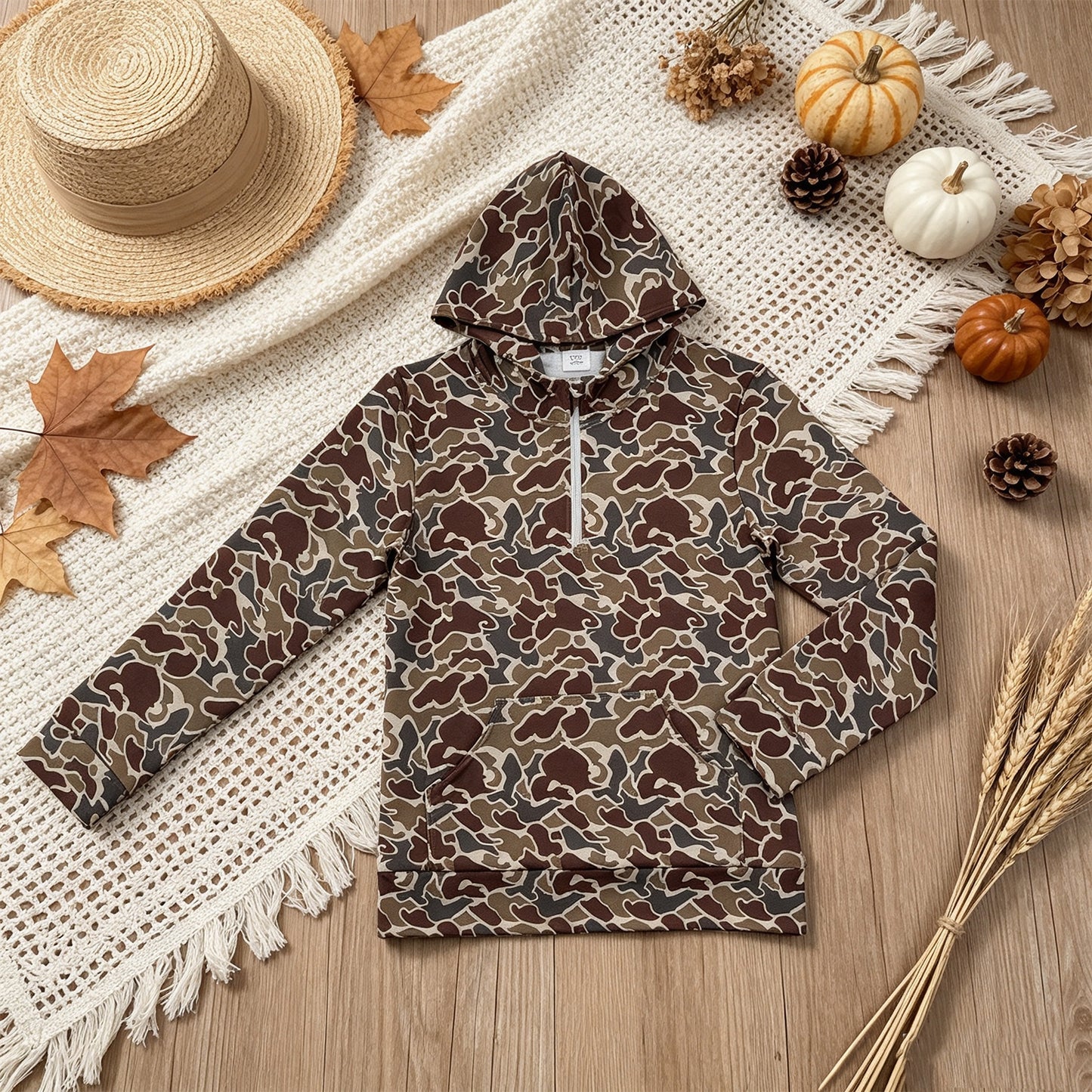 NEW RTS NO MOQ milk silk BT1872 Adult Men Brown Camouflage Print Zip Hoodie Front Pocket Long Sleeve Top
