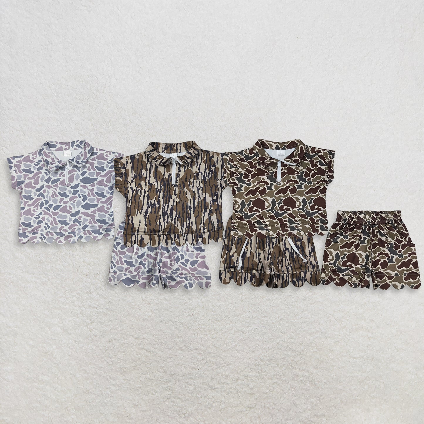 RTS NO MOQ Sibling milk silk Baby Girls Camo Print Zip Zip Top Matching Scallop Edge Hem Shorts  Clothes Set