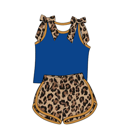 custom moq 5 mix size Baby Girls Leopard Bow Sleeveless Blue Top Leopard Shorts Summer Casual Outfit Set