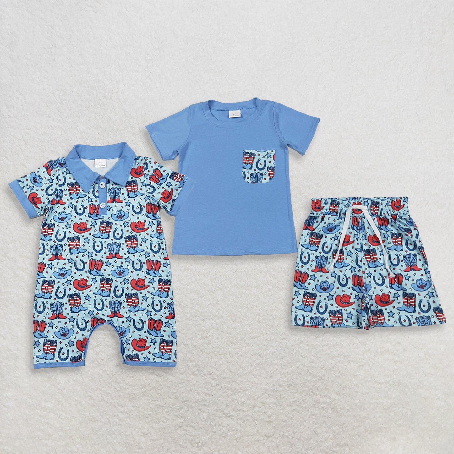 RTS NO MOQ milk silk Sibling Baby Boys Western Style 4th of July Star Pocket Short Clothes Set Button Rompers