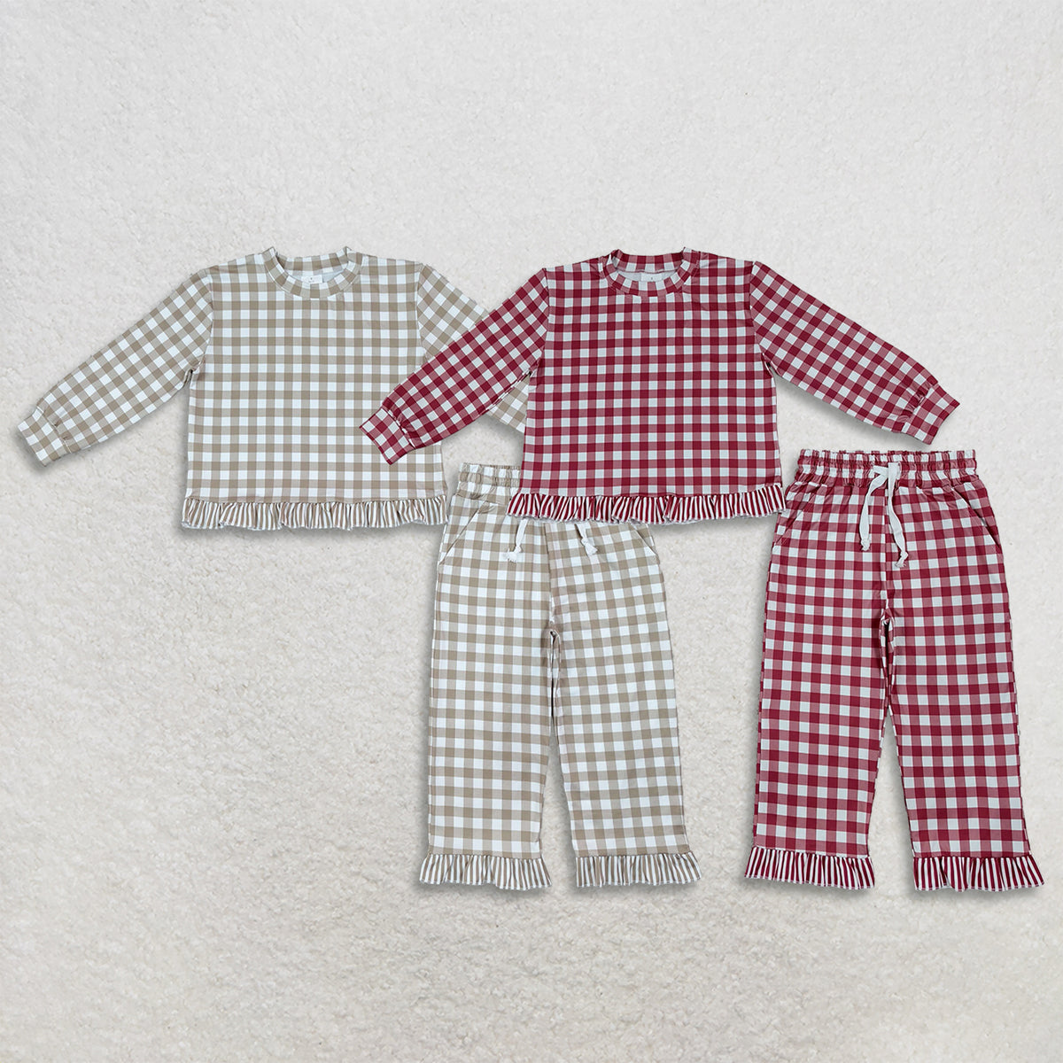 RTS NO MOQ Sibling milk silk Baby Girls Checked Print Long Sleeve  Top Ruffle Pant Set
