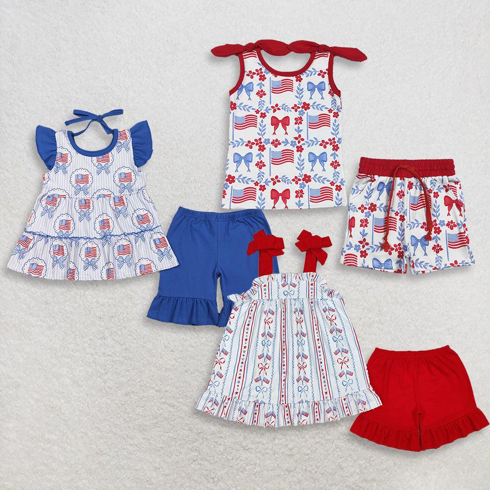 RTS NO MOQ Sibling Baby Girls 4th of July Outfit Set with Red Blue Flowers Flags Top And Short Pockets Casual Clothing for Baby Girls