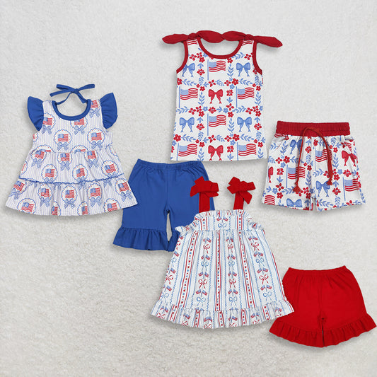 RTS NO MOQ Sibling Baby Girls 4th of July Outfit Set with Red Blue Flowers Flags Top And Short Pockets Casual Clothing for Baby Girls