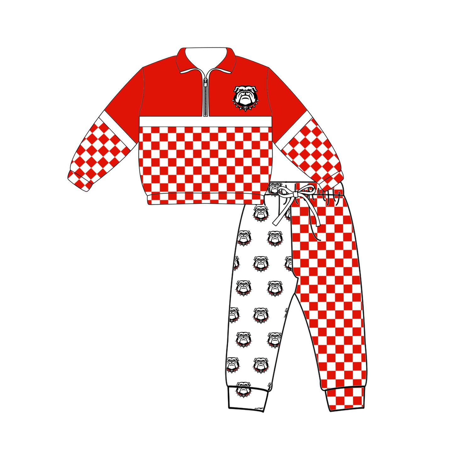 Custom moq 5 mix size summer teams Baby Plaid Long Sleeved Zip Up Top And Pants Set