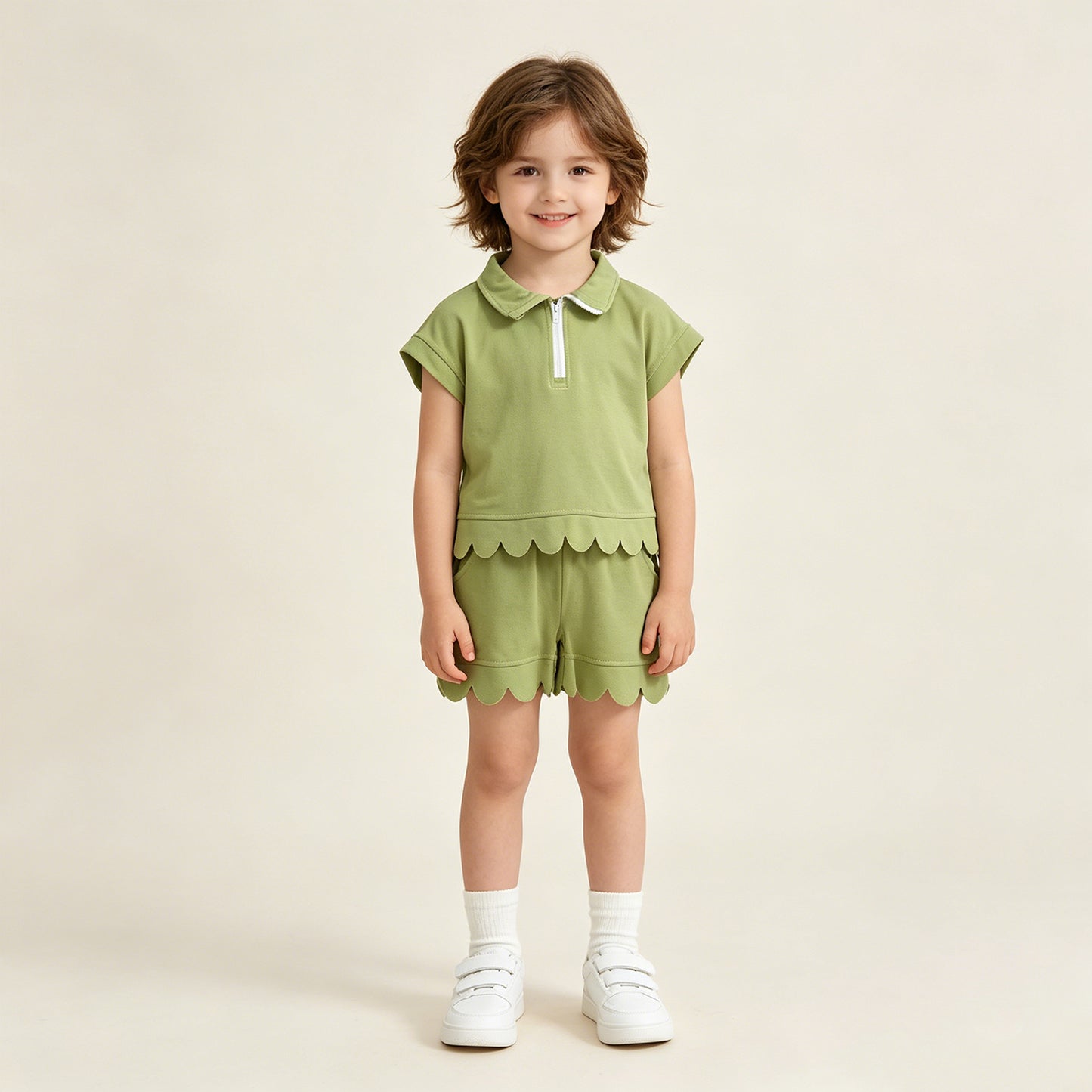 RTS NO MOQ cotton GSSO3375 Toddler Girls Green Zip Pullover Top with Pockets and Scallop Shorts Set
