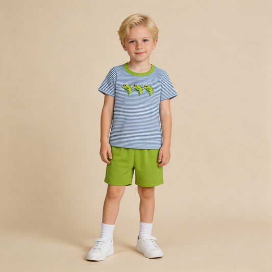 RTS NO MOQ milk silk BSSO2001 Embroidery Fishes Baby Boys Short Sleeve Stripe Top Short Hunting Clothes Sets