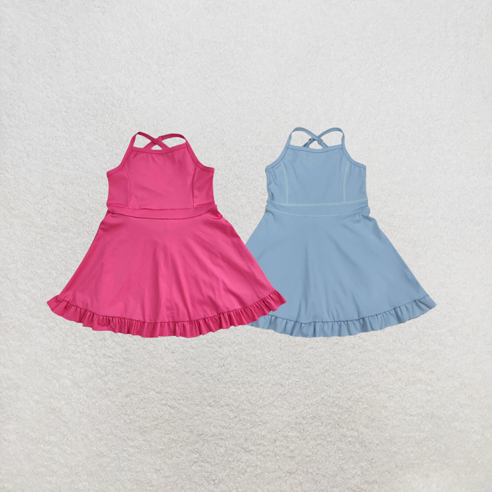 RTS NO MOQ Sibling Baby Girls Hot Pink Strap Yoga Active Shorts Ruffle Knee Length Dresses