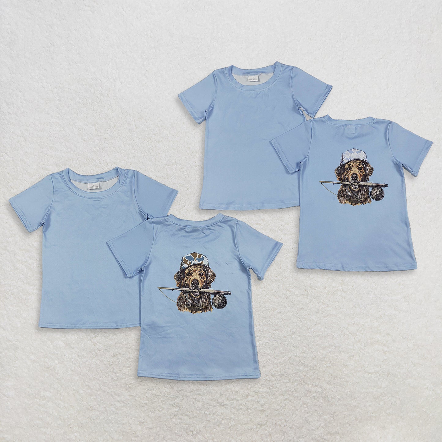 RTS NO MOQ Sibling milk silk Baby Boys Dog Fishing Hunting Printed Blue Short Sleeve T Shirts Top