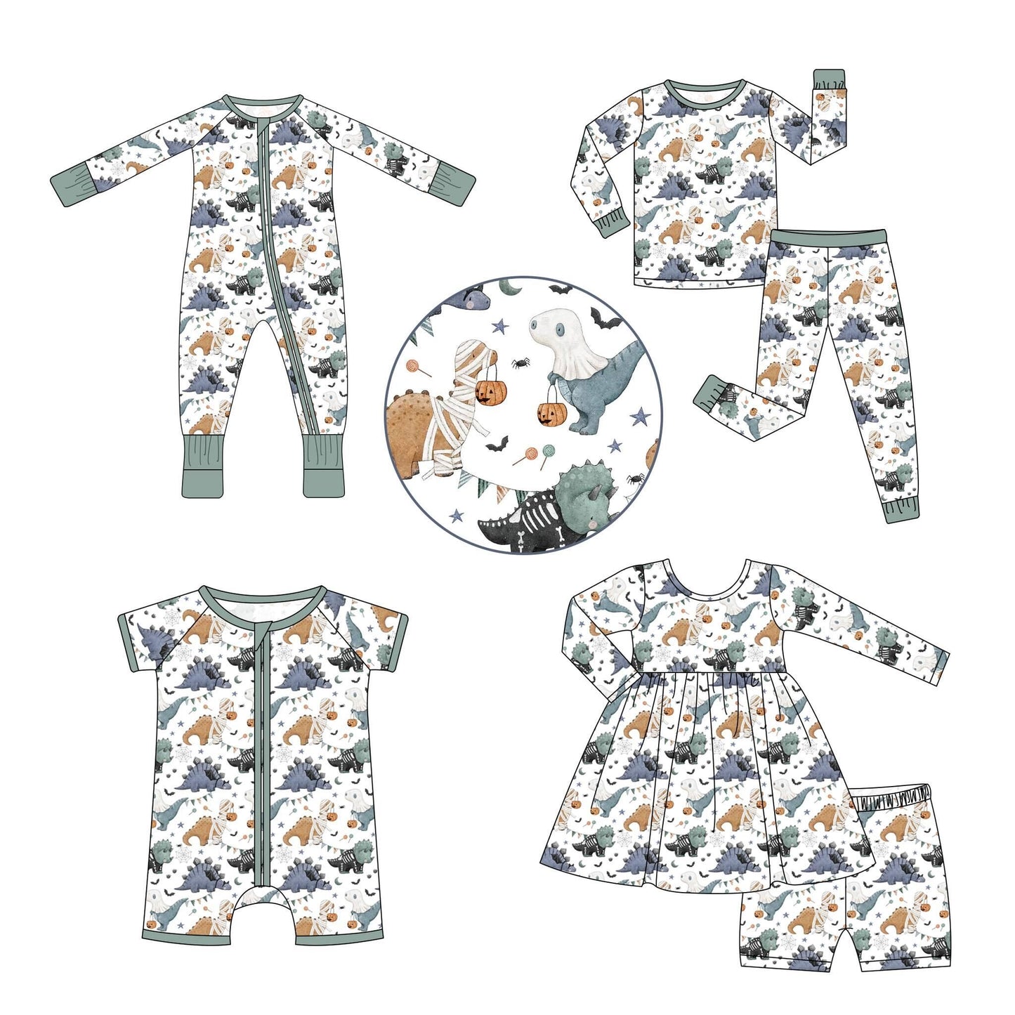 5.9custom each style moq 5eta 4-5week Sibling Sister Halloween cute dinosaur prints green girls and boys outfits and baby rompers match family design
