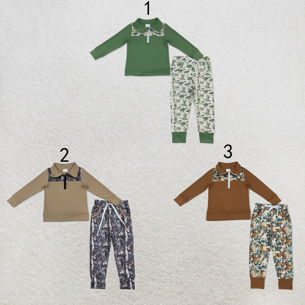 RTS NO MOQ Sibling milk silk Baby Boys Long Sleeve Camo Zip Pullover Pockets Jogger Clothes Sets
