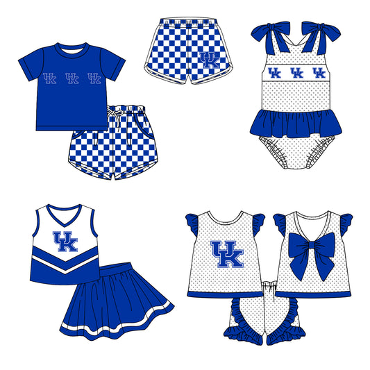 Custom moq 5 mix size milk silk summer teams Boy's Blue Short Sleeved Top Plaid Shorts Set Girl's Short-Sleeved Set with Matching Swimsuits Adult Shorts