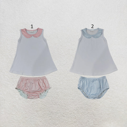 NEW RTS NO MOQ Sibling milk silk Baby Check Print Sleeveless Tunic Matching Bummies Casual Outfit