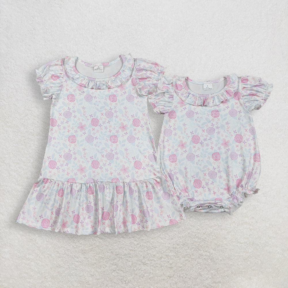 RTS NO MOQ Sibling Baby Girls Short Sleeve Ruffle Dress Pink Lavender Flowers Rompers for Little Girls