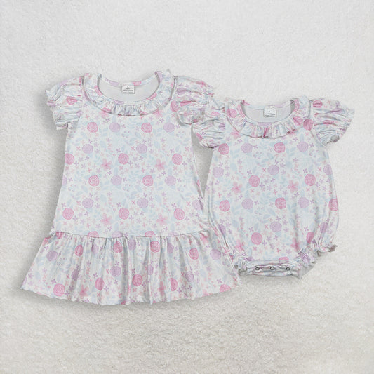 RTS NO MOQ Sibling Baby Girls Short Sleeve Ruffle Dress Pink Lavender Flowers Rompers for Little Girls