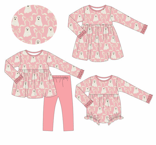 25.6.7 custom each style moq 5eta 4-6week Sibling Sisters ghost bow baby girl long sleeve pants sets and dress and rompers match family design