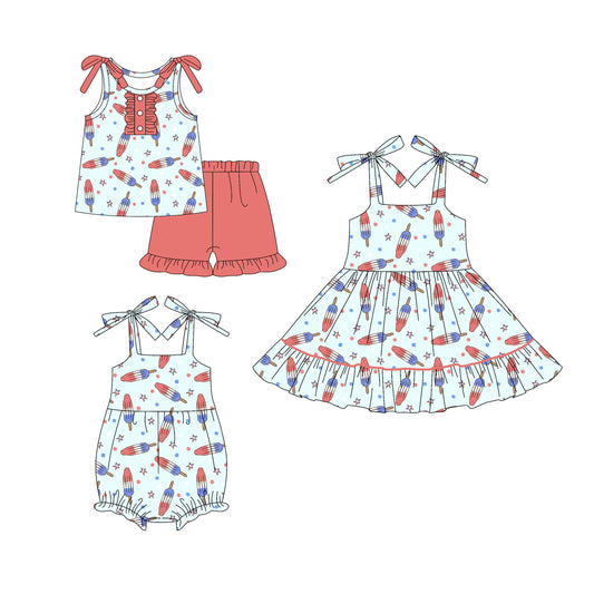 4.18 custom each style moq 5eta 4-6week Sibling Sisters ice cream baby girl short sleeve shorts sets and dress and rompers match family design