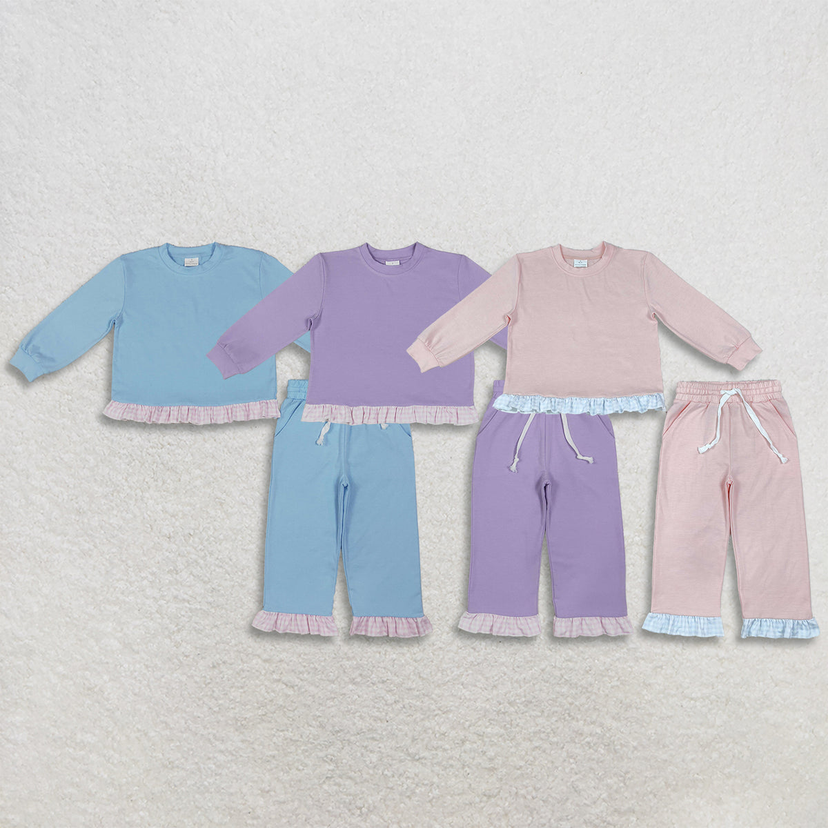 RTS NO MOQ Sibling milk silk Baby Girls Cute Solid Color Ruffle Long Sleeve Top Pant Outfit Set